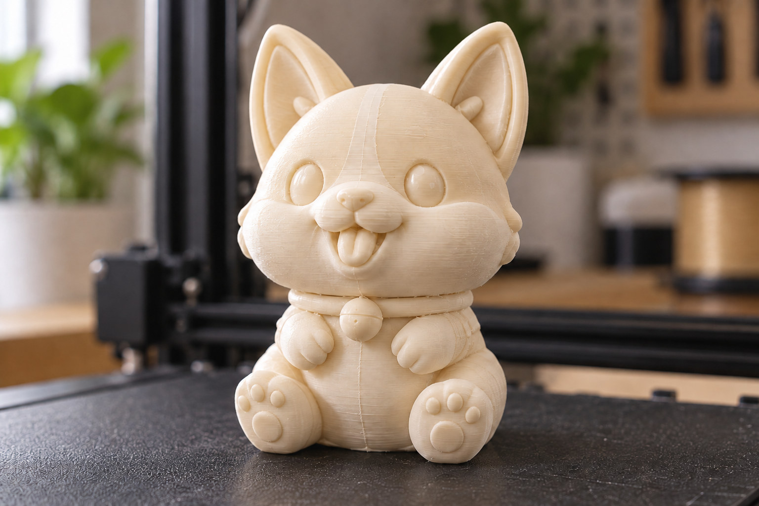Illustration of a single-color corgi 3D print with visible FDM layer lines