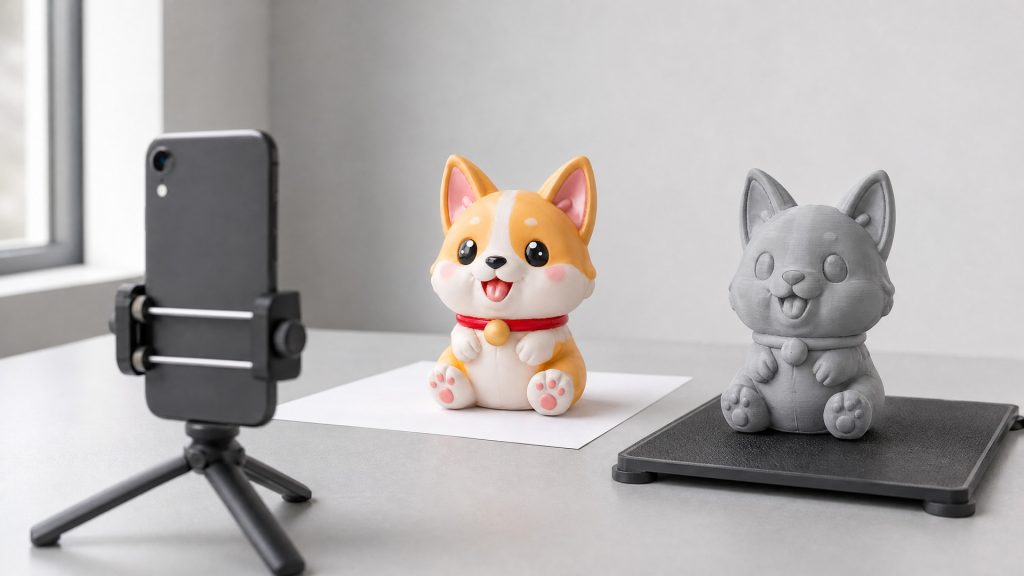 A phone on a tripod photographing a chibi corgi figurine, with a gray 3D printed copy of the same figure beside it
