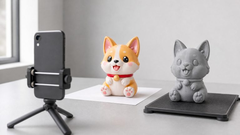 A phone on a tripod photographing a chibi corgi figurine, with a gray 3D printed copy of the same figure beside it