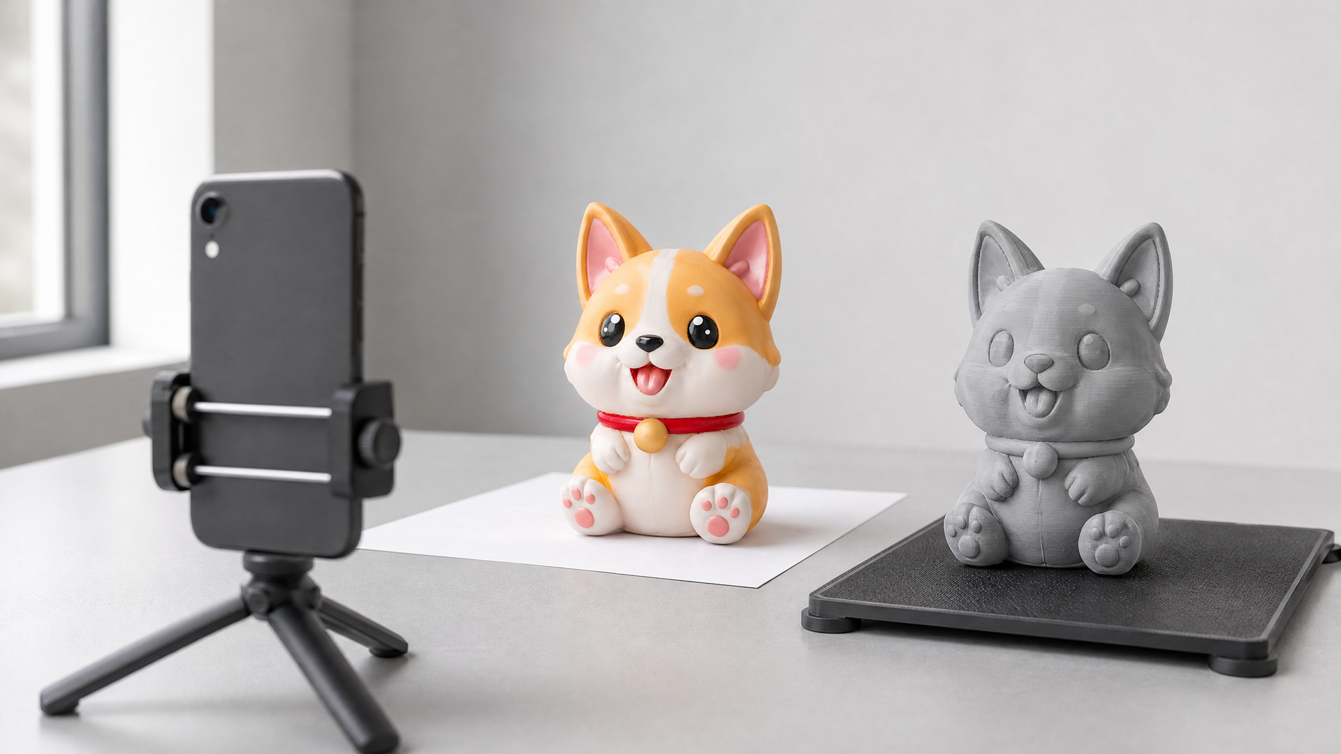 A phone on a tripod photographing a chibi corgi figurine, with a gray 3D printed copy of the same figure beside it